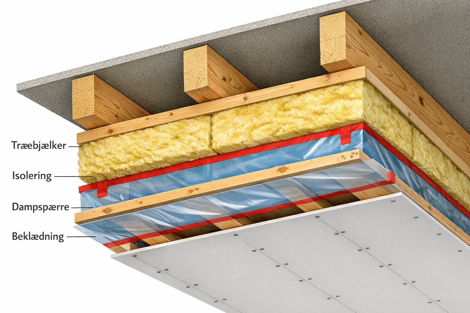 Lagopbygning af loftkonstruktion – tværsnit der viser de forskellige lag: indvendig beklædning, dampspærre, isolering i rafterne, ventilationsrum og tagdækning