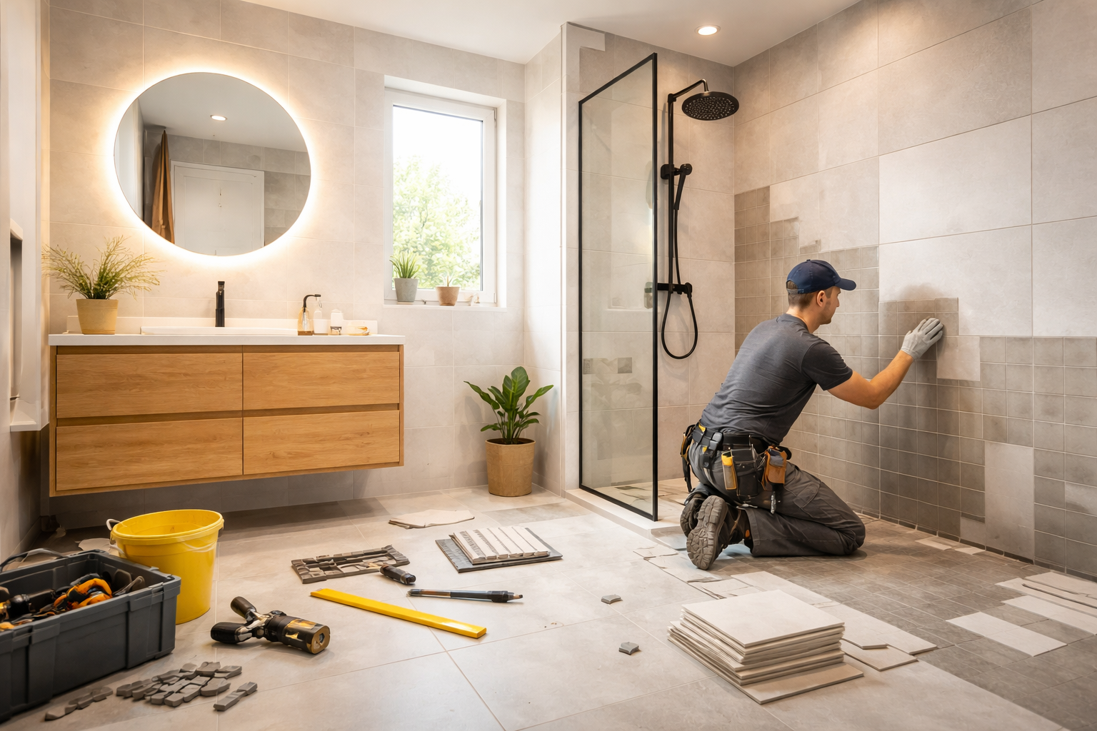 Renovering af badeværelse i gang – blotlagte vægge, rørføring og klargøring til membran og fliser