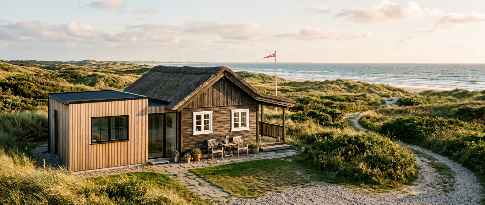 Sommerhus med ny tilbygning i træ ved den danske kyst