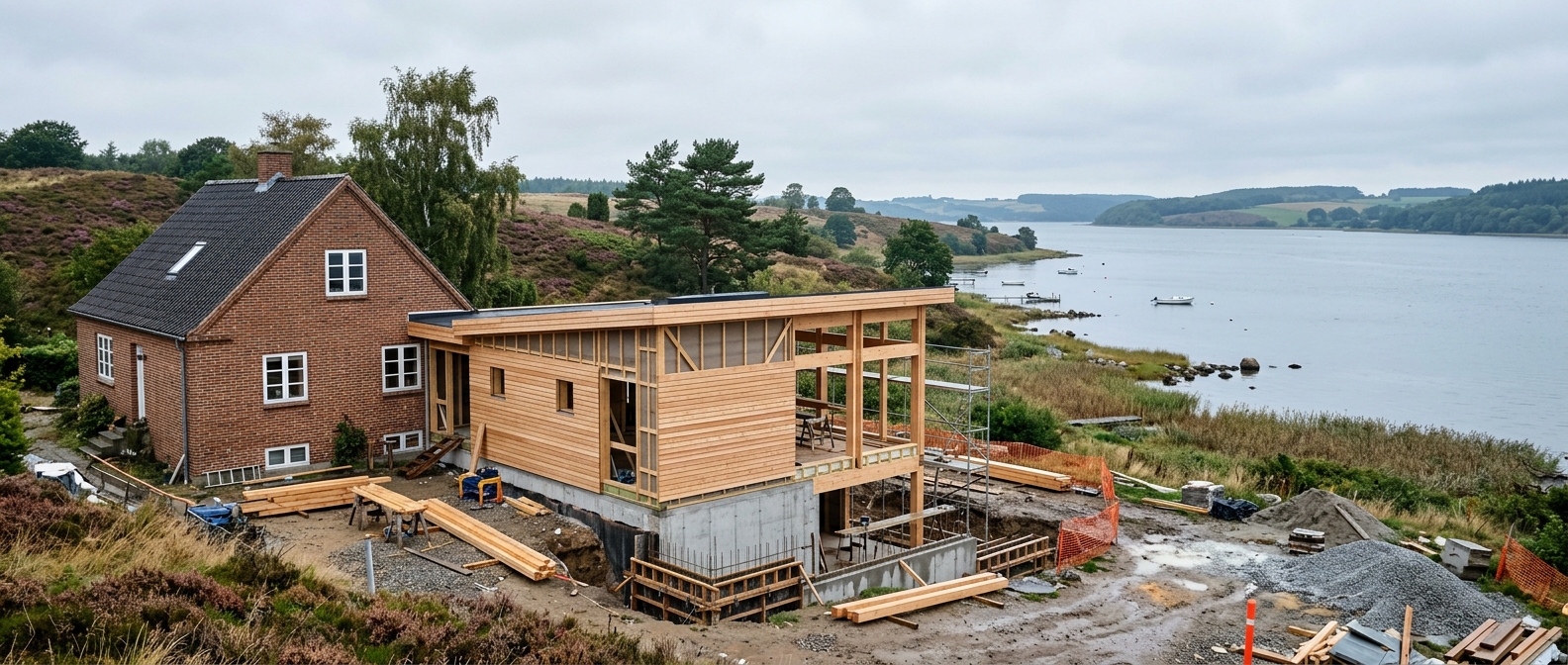 Tilbygning til parcelhus nær Horsens Fjord med nyt terrændæk