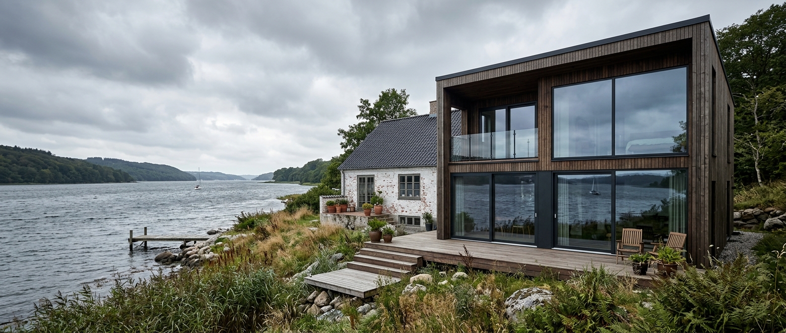 Tilbygning til villa ved Holbæk Fjord med store vinduespartier
