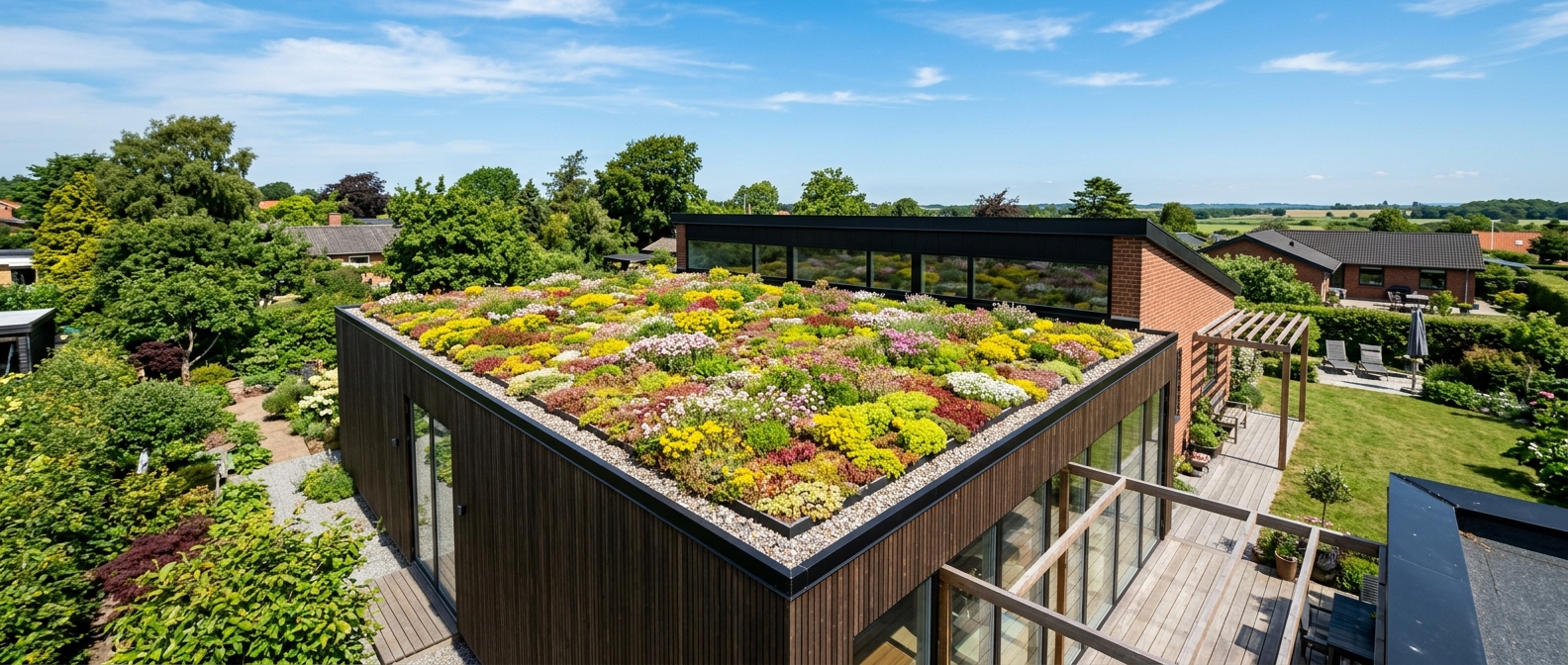 Frodigt sedumtag med blomstrende planter på fladt tag af dansk hus